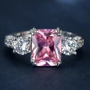 Luxury Big Crystal Pink 18K White Gold Silver Cubic Zircon Love Engagement Ring